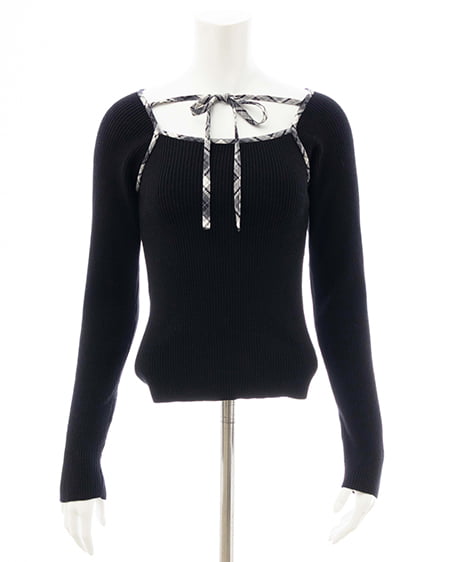 INGNI(イング) チェック柄配色デコルテリボンニット クロ/クロチェック