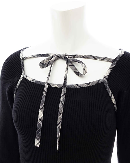 INGNI(イング) チェック柄配色デコルテリボンニット クロ/クロチェック