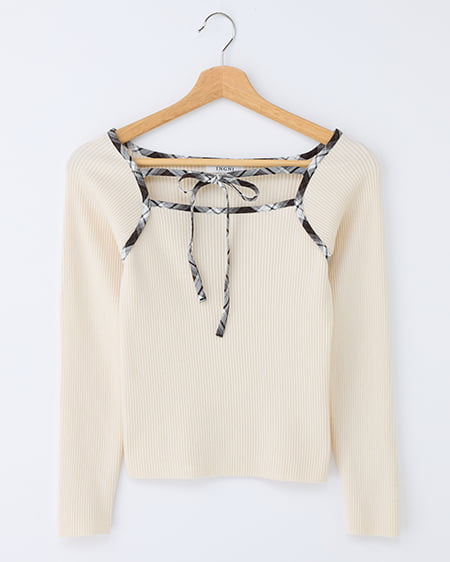 【2／4 2時までの限定価格】チェック柄配色デコルテリボンニット