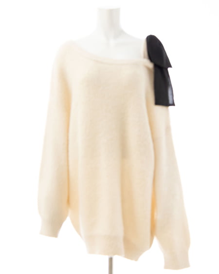 INGNI（イング） 肩リボンワンショルシャギーチュニックニット ｱｲﾎﾞﾘｰ/ｸﾛ