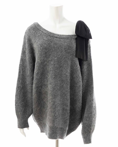 INGNI（イング） 肩リボンワンショルシャギーチュニックニット ﾁｬｺｰﾙｸﾞﾚｰ/ｸﾛ