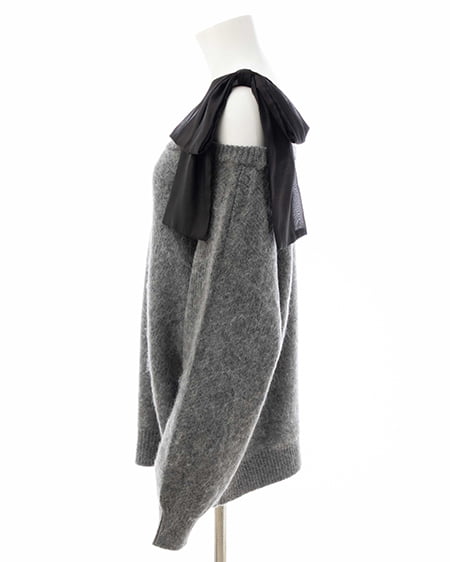 INGNI（イング） 肩リボンワンショルシャギーチュニックニット ﾁｬｺｰﾙｸﾞﾚｰ/ｸﾛ