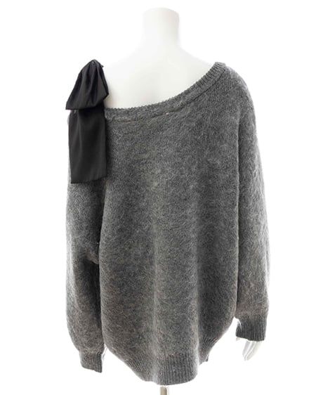 INGNI（イング） 肩リボンワンショルシャギーチュニックニット ﾁｬｺｰﾙｸﾞﾚｰ/ｸﾛ