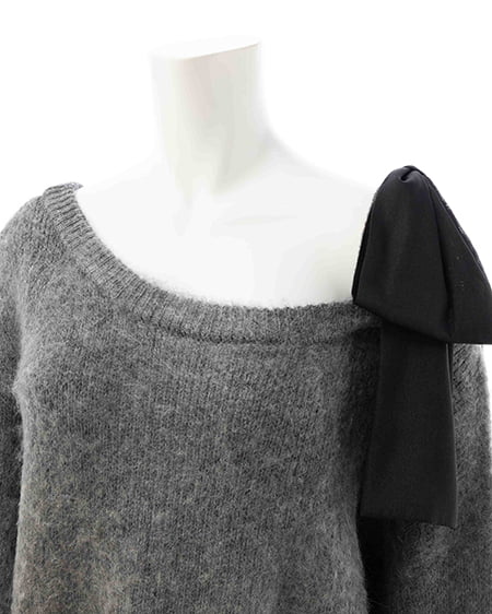 INGNI（イング） 肩リボンワンショルシャギーチュニックニット ﾁｬｺｰﾙｸﾞﾚｰ/ｸﾛ