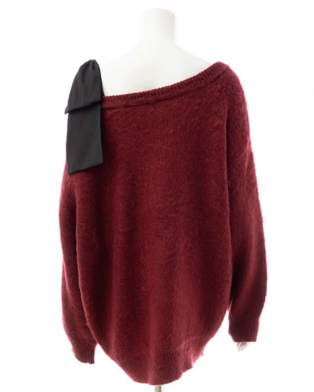 INGNI(イング) 肩リボンワンショルシャギーチュニックニット ボルドー/クロ