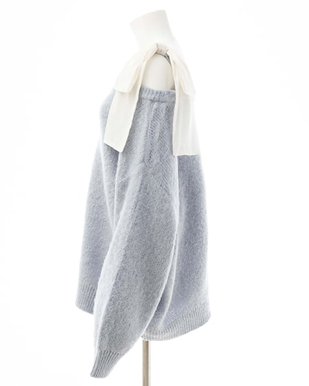 INGNI（イング） 肩リボンワンショルシャギーチュニックニット ﾌﾞﾙｰ/ｵﾌﾎﾜｲﾄ