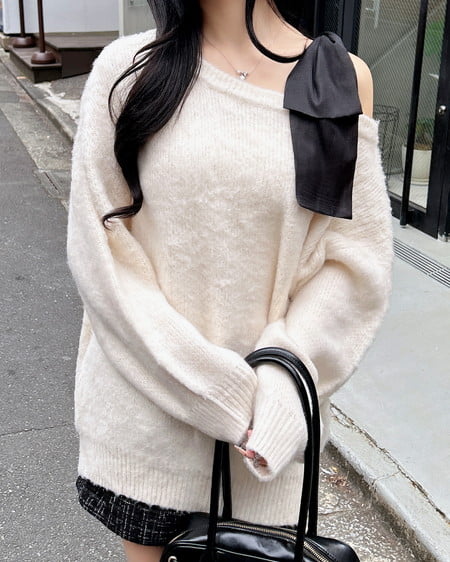 肩リボンワンショルシャギーチュニックニット