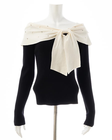 INGNI（イング） ビジュー2Wayオフショルニット ｸﾛ/ｵﾌﾎﾜｲﾄ