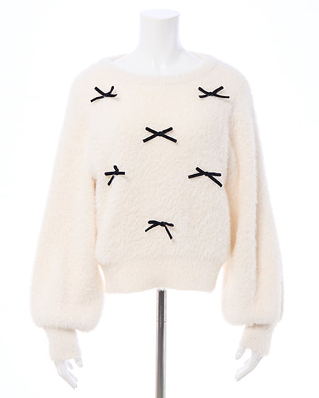 INGNI（イング） ベロアリボン付フェザーニット ｵﾌﾎﾜｲﾄ/ｸﾛ