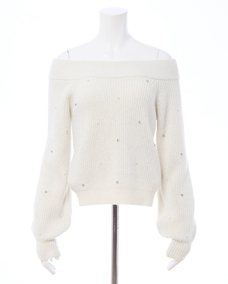 INGNI（イング） もちもちラメパールビジュー付オフショルニット ｵﾌﾎﾜｲﾄ