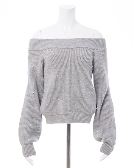 INGNI（イング） もちもちラメパールビジュー付オフショルニット ｸﾞﾚｰ