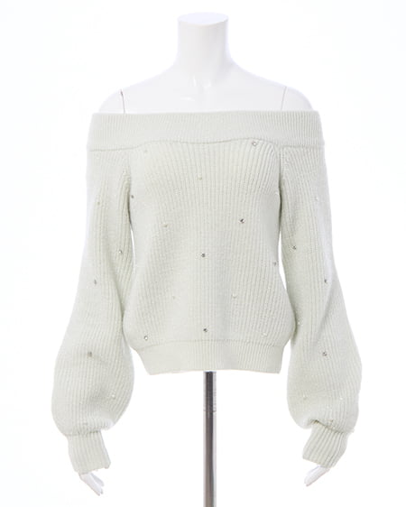 INGNI（イング） もちもちラメパールビジュー付オフショルニット ﾐﾝﾄｸﾞﾘｰﾝ