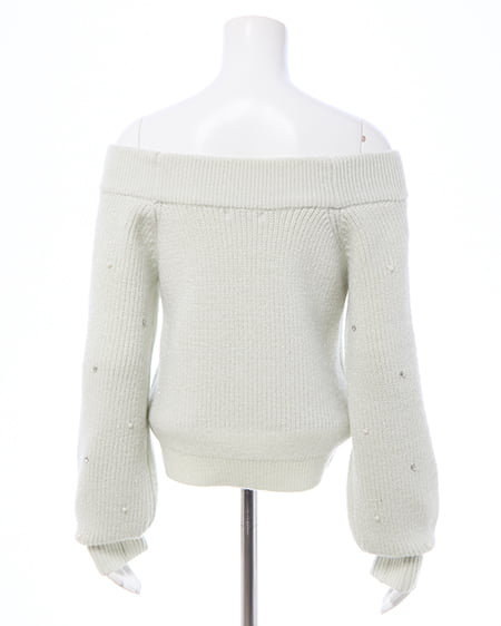 INGNI（イング） もちもちラメパールビジュー付オフショルニット ﾐﾝﾄｸﾞﾘｰﾝ