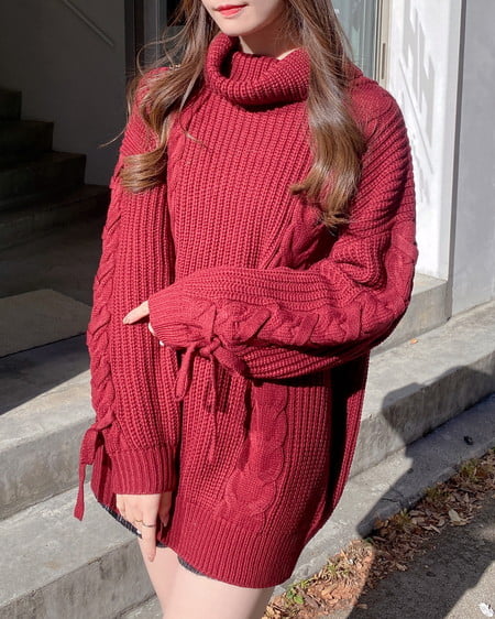 タートルネックルーズチュニックニット