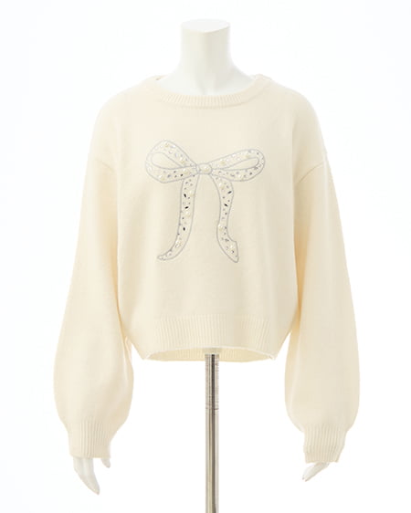 INGNI（イング） リボン×ビジューもちもちニット ｵﾌﾎﾜｲﾄ