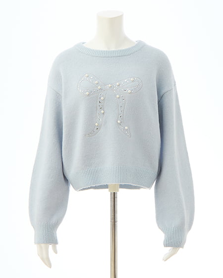 INGNI(イング) リボン×ビジューもちもちニット サックス