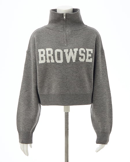 INGNI（イング） ハーフジップショート丈ロゴニット ﾁｬｺｰﾙｸﾞﾚｰ/ｵﾌﾎﾜｲﾄ