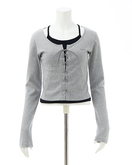 INGNI（イング） キャミレイヤード風リブレースアップトップス ｸﾞﾚｰ/ｸﾛ