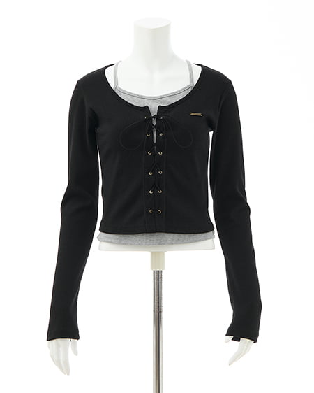 INGNI（イング） キャミレイヤード風リブレースアップトップス ｸﾛ/ｸﾞﾚｰ