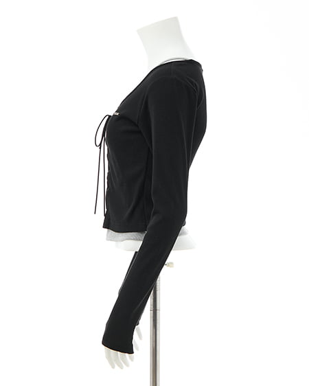 INGNI（イング） キャミレイヤード風リブレースアップトップス ｸﾛ/ｸﾞﾚｰ