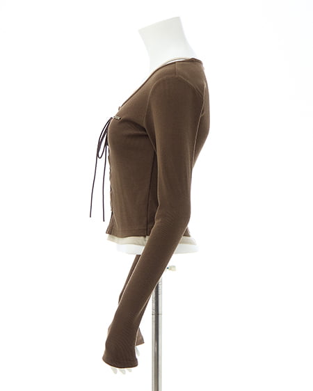 INGNI（イング） キャミレイヤード風リブレースアップトップス ﾌﾞﾗｳﾝ/ﾍﾞｰｼﾞｭ