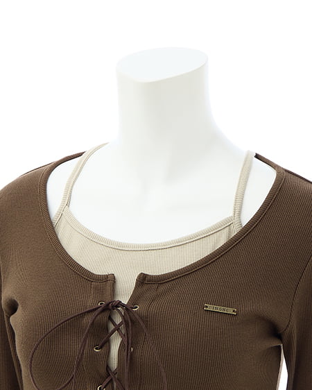 INGNI（イング） キャミレイヤード風リブレースアップトップス ﾌﾞﾗｳﾝ/ﾍﾞｰｼﾞｭ