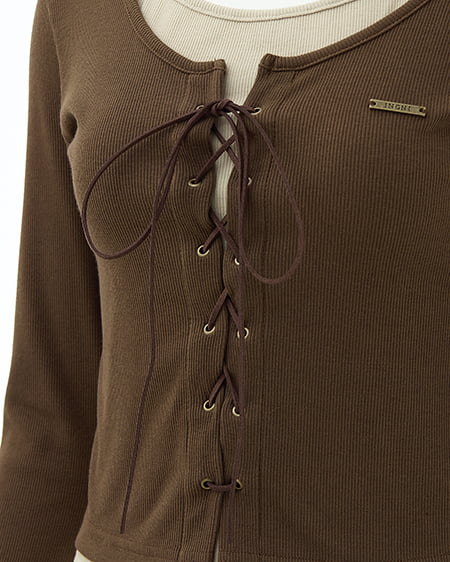 INGNI（イング） キャミレイヤード風リブレースアップトップス ﾌﾞﾗｳﾝ/ﾍﾞｰｼﾞｭ