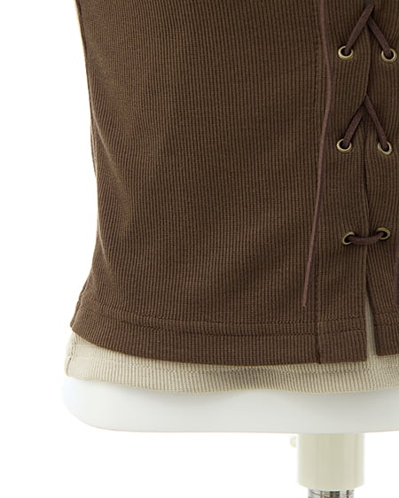 INGNI（イング） キャミレイヤード風リブレースアップトップス ﾌﾞﾗｳﾝ/ﾍﾞｰｼﾞｭ