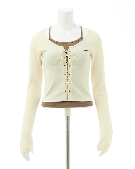 INGNI（イング） キャミレイヤード風リブレースアップトップス ｱｲﾎﾞﾘｰ/ﾌﾞﾗｳﾝ