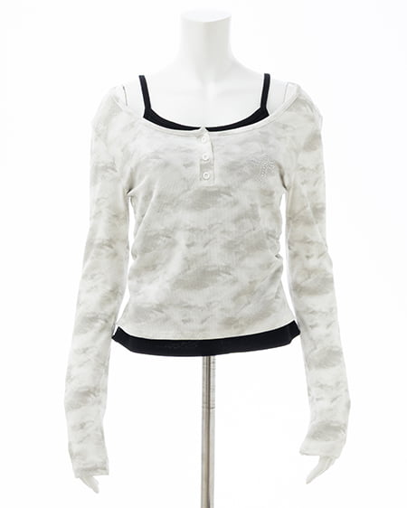 INGNI（イング） ムラ染めヘンリーネックレイヤード胸クロス装飾トップス ｵﾌﾎﾜｲﾄ