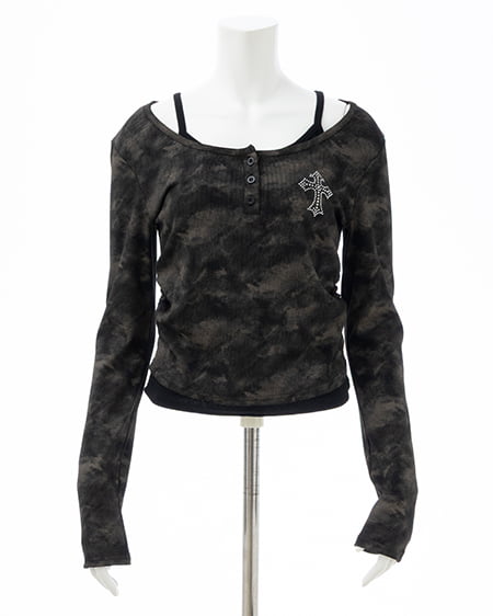 INGNI（イング） ムラ染めヘンリーネックレイヤード胸クロス装飾トップス ｸﾛ