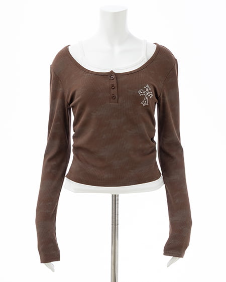 INGNI（イング） ムラ染めヘンリーネックレイヤード胸クロス装飾トップス ﾌﾞﾗｳﾝ