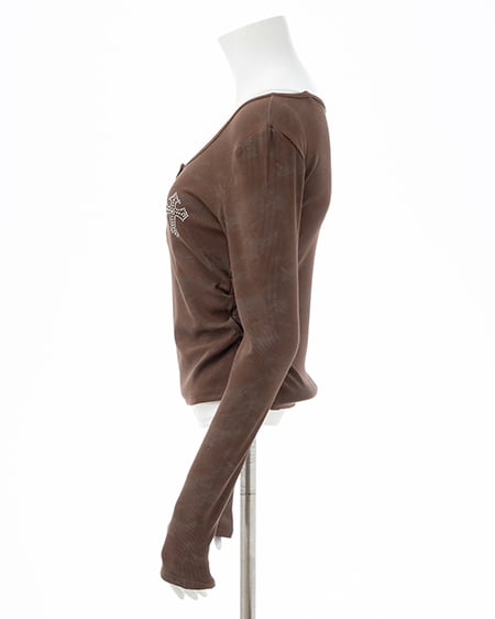 INGNI（イング） ムラ染めヘンリーネックレイヤード胸クロス装飾トップス ﾌﾞﾗｳﾝ