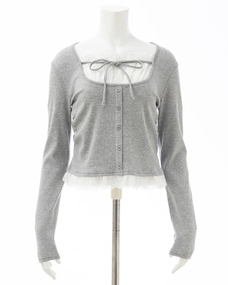 INGNI（イング） レースレイヤード風リボン付きリブトップス ｸﾞﾚｰ/ｵﾌﾎﾜｲﾄ