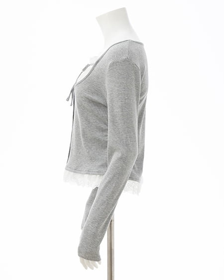 INGNI（イング） レースレイヤード風リボン付きリブトップス ｸﾞﾚｰ/ｵﾌﾎﾜｲﾄ