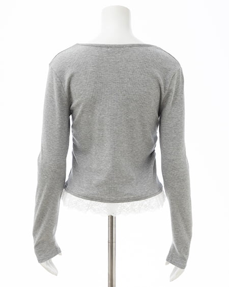 INGNI（イング） レースレイヤード風リボン付きリブトップス ｸﾞﾚｰ/ｵﾌﾎﾜｲﾄ