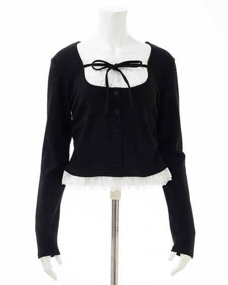 INGNI（イング） レースレイヤード風リボン付きリブトップス ｸﾛ/ｵﾌﾎﾜｲﾄ