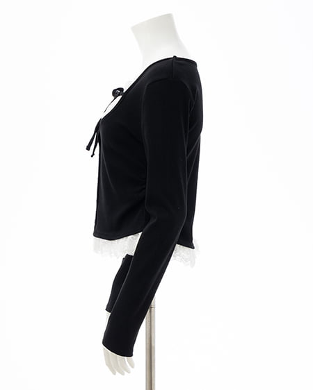 INGNI（イング） レースレイヤード風リボン付きリブトップス ｸﾛ/ｵﾌﾎﾜｲﾄ