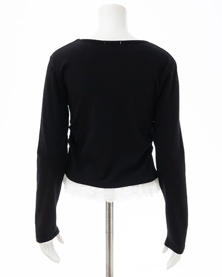 INGNI（イング） レースレイヤード風リボン付きリブトップス ｸﾛ/ｵﾌﾎﾜｲﾄ