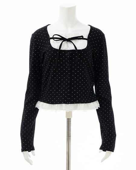 INGNI（イング） レースレイヤード風リボン付きリブトップス ｸﾛｵﾌ/ﾄﾞｯﾄ