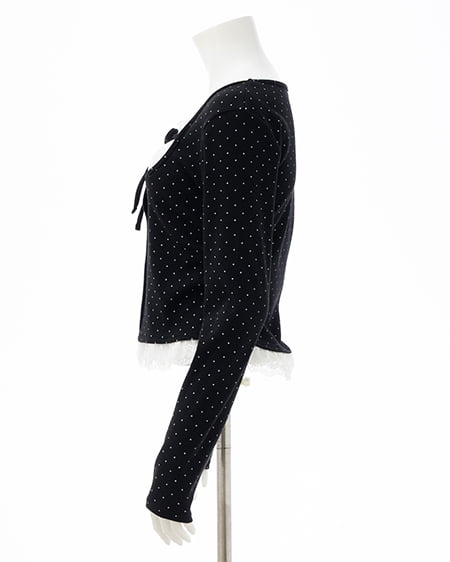 INGNI（イング） レースレイヤード風リボン付きリブトップス ｸﾛｵﾌ/ﾄﾞｯﾄ