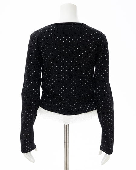 INGNI（イング） レースレイヤード風リボン付きリブトップス ｸﾛｵﾌ/ﾄﾞｯﾄ