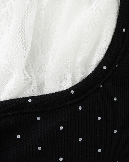 INGNI（イング） レースレイヤード風リボン付きリブトップス ｸﾛｵﾌ/ﾄﾞｯﾄ