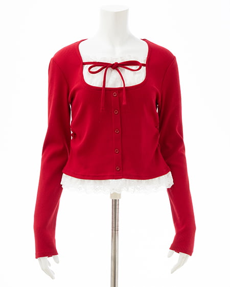 INGNI（イング） レースレイヤード風リボン付きリブトップス ｱｶ/ｵﾌﾎﾜｲﾄ