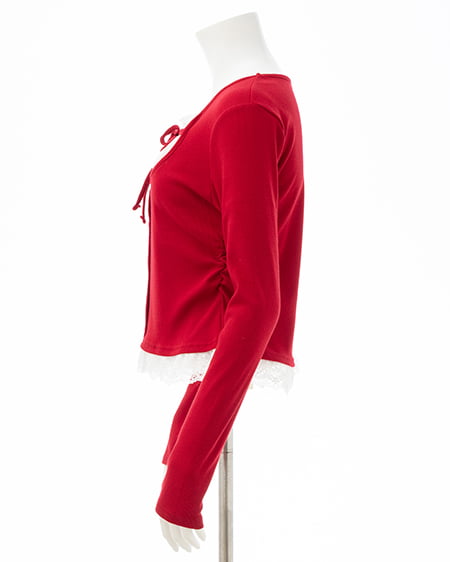 INGNI（イング） レースレイヤード風リボン付きリブトップス ｱｶ/ｵﾌﾎﾜｲﾄ