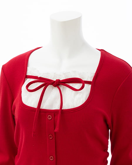 INGNI（イング） レースレイヤード風リボン付きリブトップス ｱｶ/ｵﾌﾎﾜｲﾄ