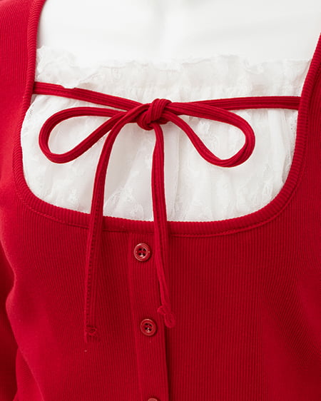 INGNI（イング） レースレイヤード風リボン付きリブトップス ｱｶ/ｵﾌﾎﾜｲﾄ