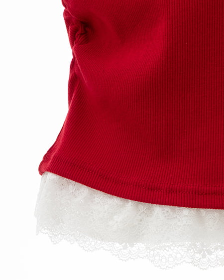 INGNI（イング） レースレイヤード風リボン付きリブトップス ｱｶ/ｵﾌﾎﾜｲﾄ