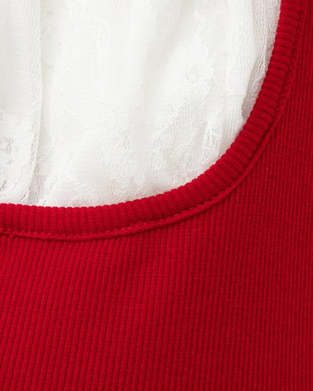 INGNI（イング） レースレイヤード風リボン付きリブトップス ｱｶ/ｵﾌﾎﾜｲﾄ