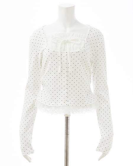 INGNI（イング） レースレイヤード風リボン付きリブトップス ｵﾌｸﾛ/ﾄﾞｯﾄ